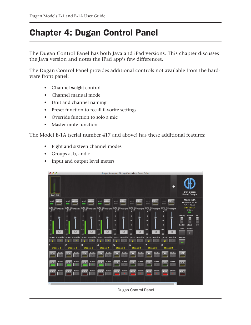 Chapter 4: dugan control panel, Chapter 4, Dugan control panel | Chapter 4: du- gan control panel | Dan Dugan Sound Design E-1 User Manual | Page 29 / 52