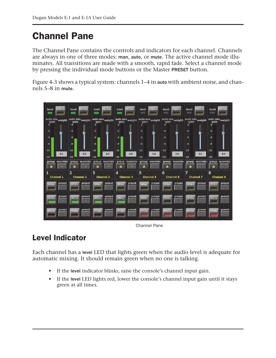 Channel pane, Level indicator | Dan Dugan Sound Design E-1 User Manual | Page 32 / 52