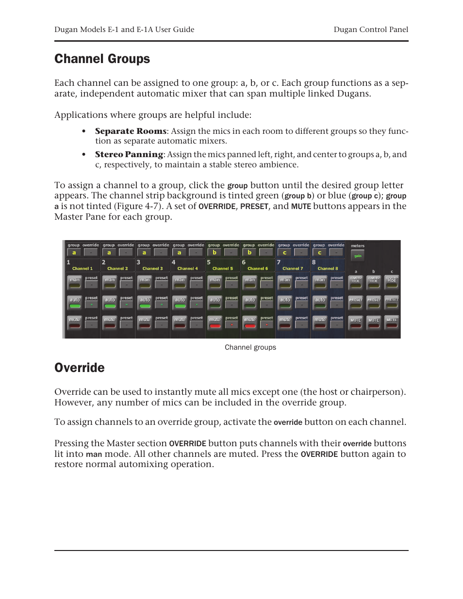 Channel groups, Override | Dan Dugan Sound Design E-1 User Manual | Page 35 / 52