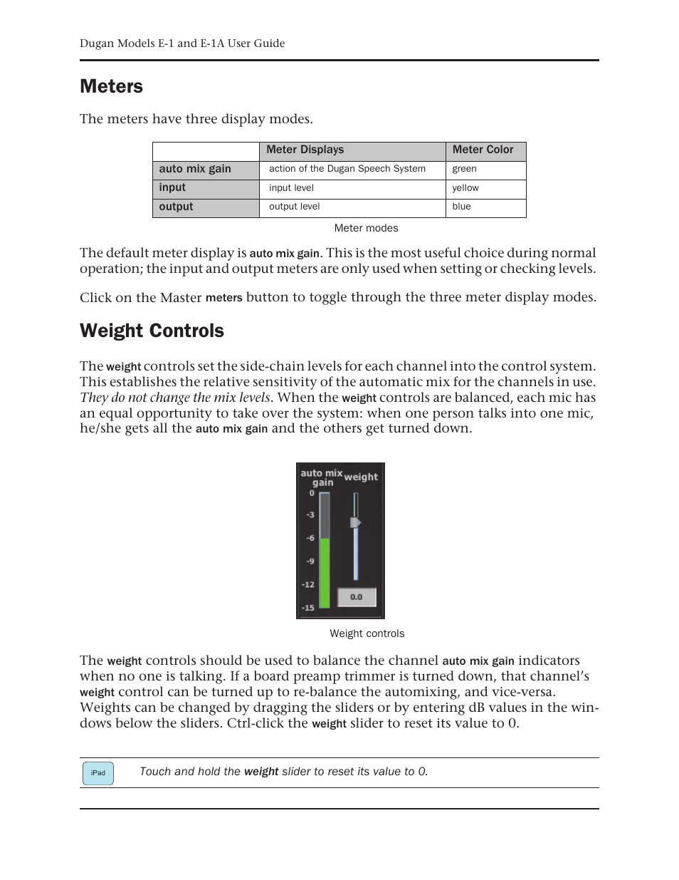 Meters, Weight controls | Dan Dugan Sound Design E-1 User Manual | Page 36 / 52