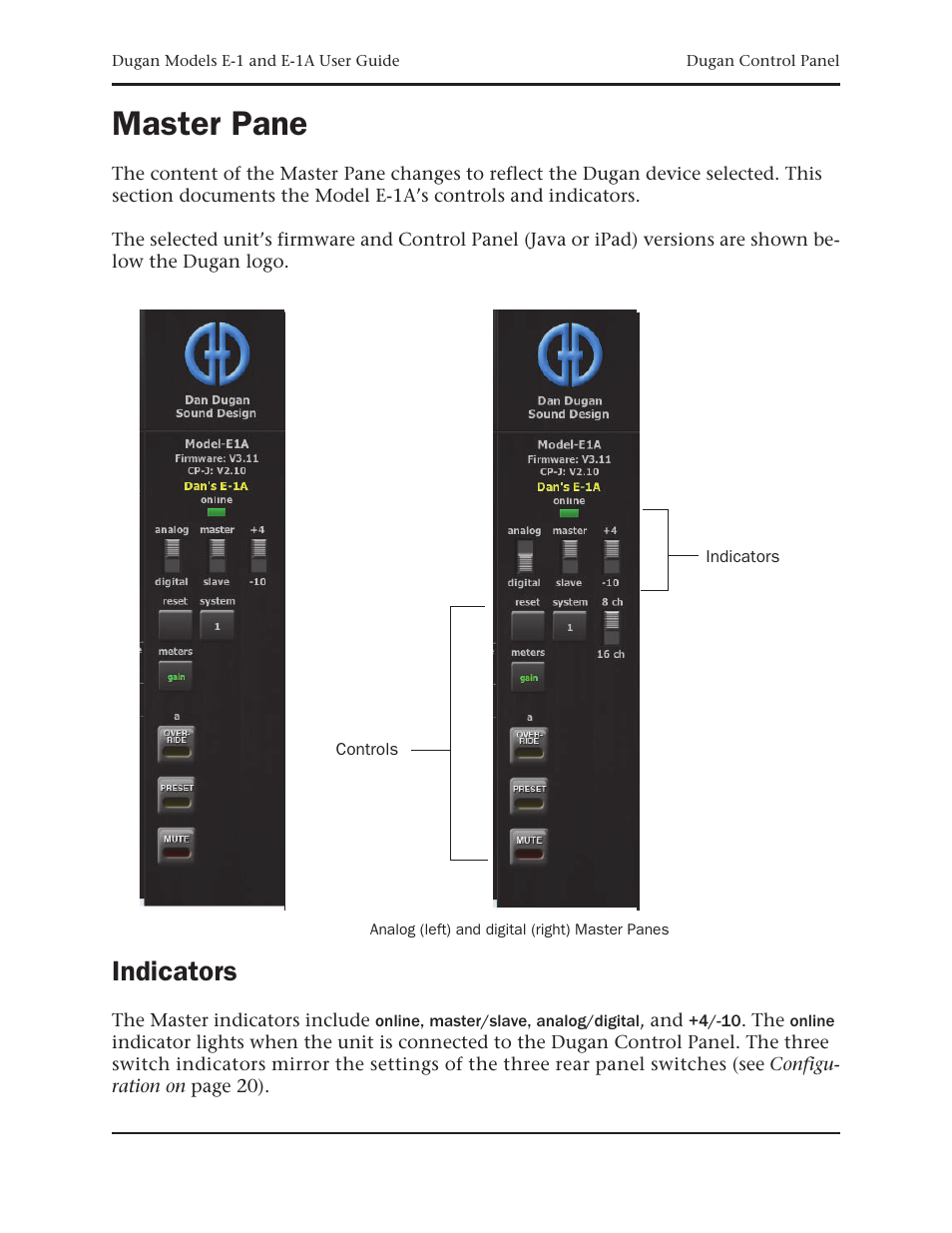 Master pane, Indicators | Dan Dugan Sound Design E-1 User Manual | Page 39 / 52