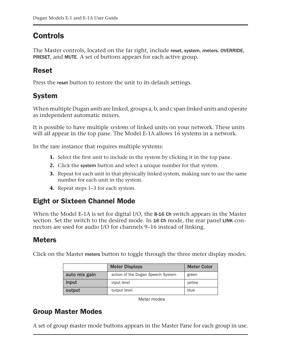 Controls, Reset, System | Eight or sixteen channel mode, Meters, Group master modes | Dan Dugan Sound Design E-1 User Manual | Page 40 / 52