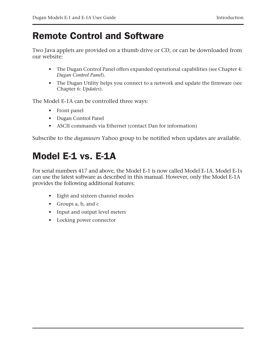 Remote control and software, Model e-1 vs. e-1a | Dan Dugan Sound Design E-1 User Manual | Page 9 / 52