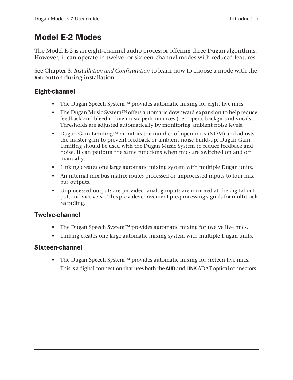 Model e-2 modes, Eight-channel, Twelve-channel | Sixteen-channel | Dan Dugan Sound Design E-2 User Manual | Page 13 / 68