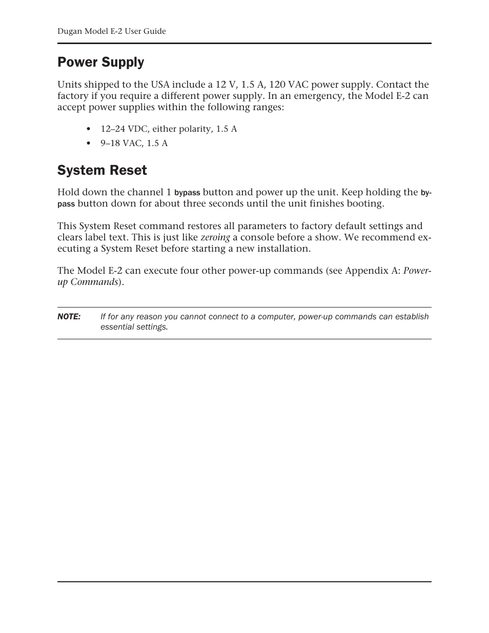 Power supply, System reset | Dan Dugan Sound Design E-2 User Manual | Page 18 / 68