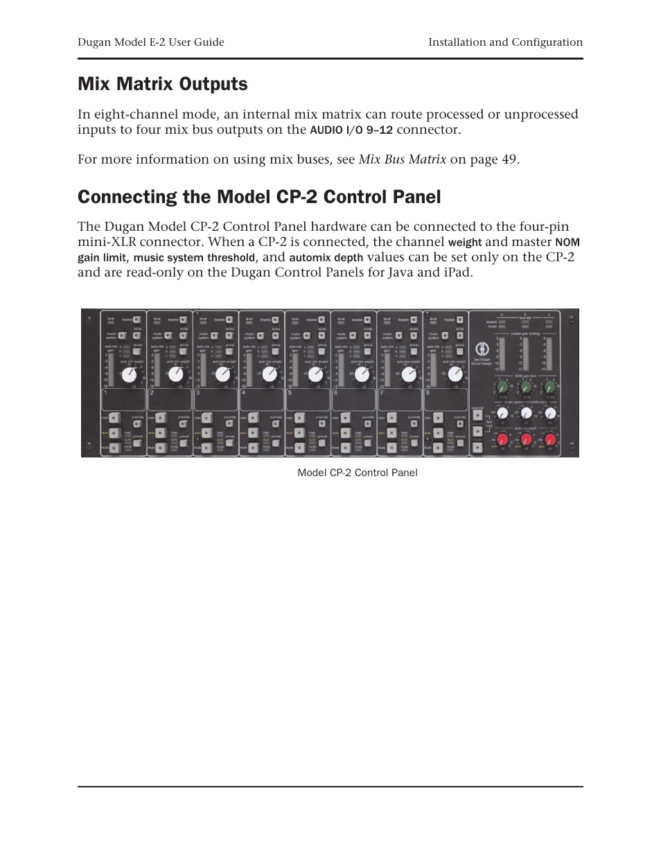 Mix matrix outputs, Connecting the model cp-2 control panel | Dan Dugan Sound Design E-2 User Manual | Page 23 / 68