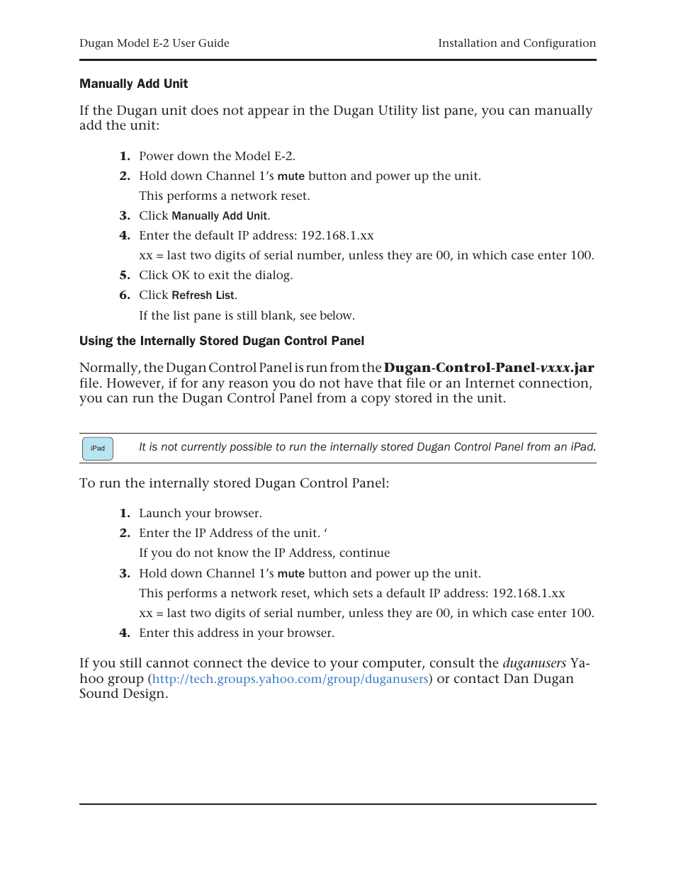 Manually add unit, Using the internally stored dugan control panel | Dan Dugan Sound Design E-2 User Manual | Page 27 / 68