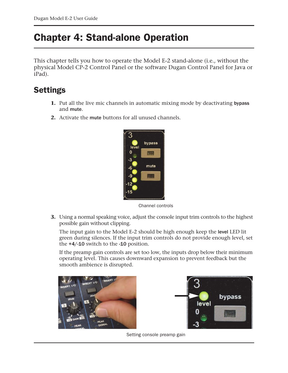 Chapter 4: stand-alone operation, Settings, Chapter 4 | Stand-alone operation | Dan Dugan Sound Design E-2 User Manual | Page 31 / 68