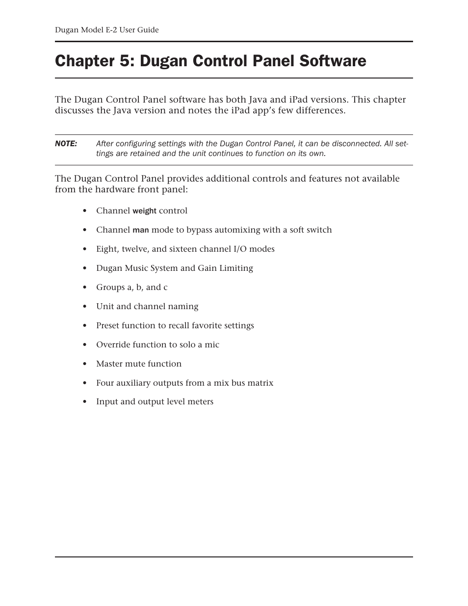 Chapter 5: dugan control panel software, Chapter 5, Dugan control panel software | Dan Dugan Sound Design E-2 User Manual | Page 35 / 68