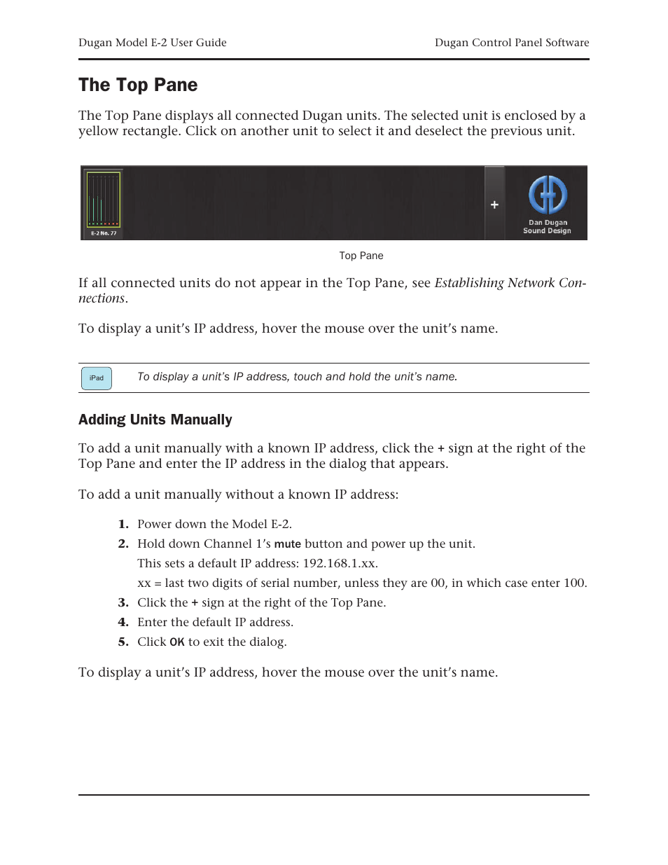 The top pane, Adding units manually | Dan Dugan Sound Design E-2 User Manual | Page 37 / 68