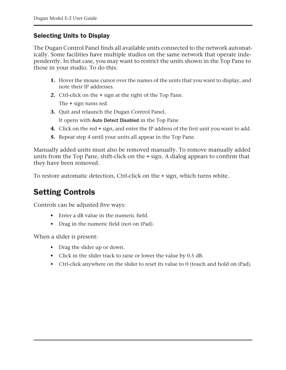 Selecting units to display, Setting controls | Dan Dugan Sound Design E-2 User Manual | Page 38 / 68