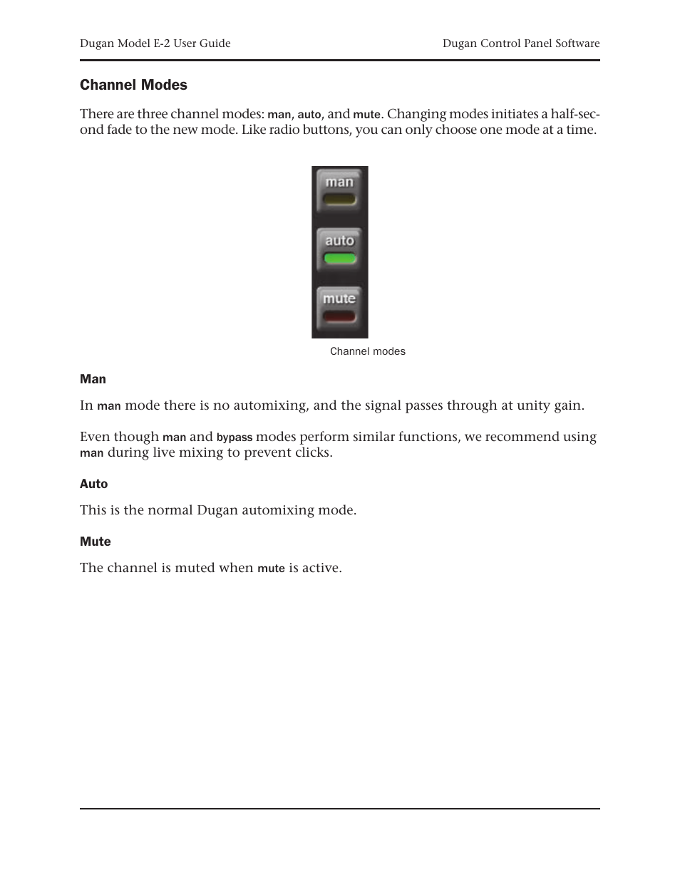Channel modes, Auto, Mute | Dan Dugan Sound Design E-2 User Manual | Page 41 / 68