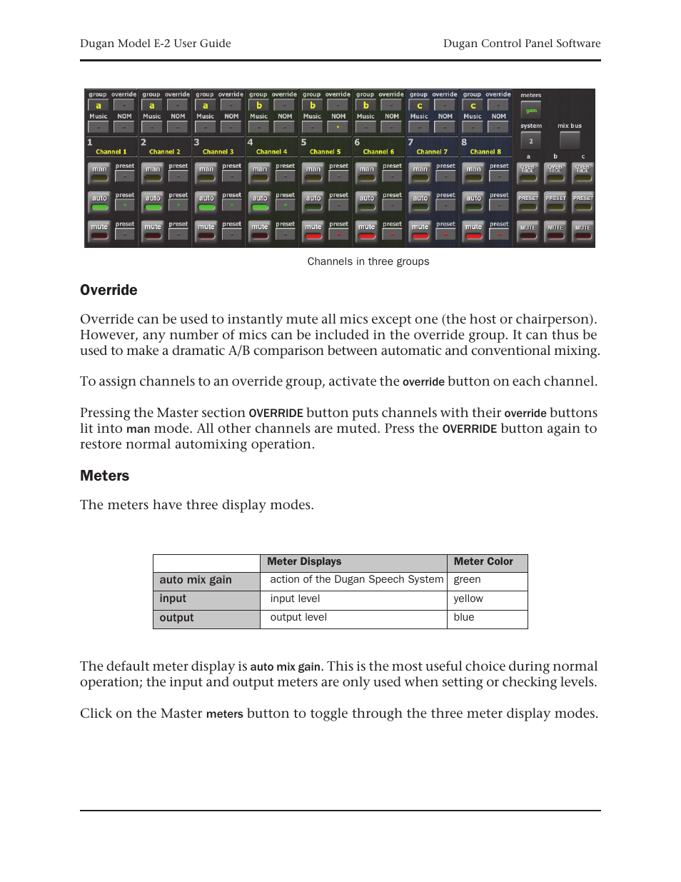 Override, Meters | Dan Dugan Sound Design E-2 User Manual | Page 43 / 68