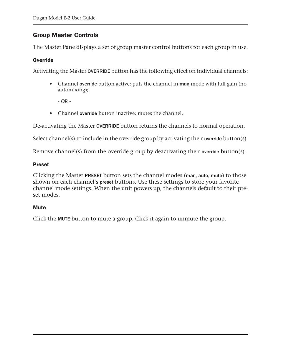 Group master controls, Override, Preset | Mute | Dan Dugan Sound Design E-2 User Manual | Page 50 / 68