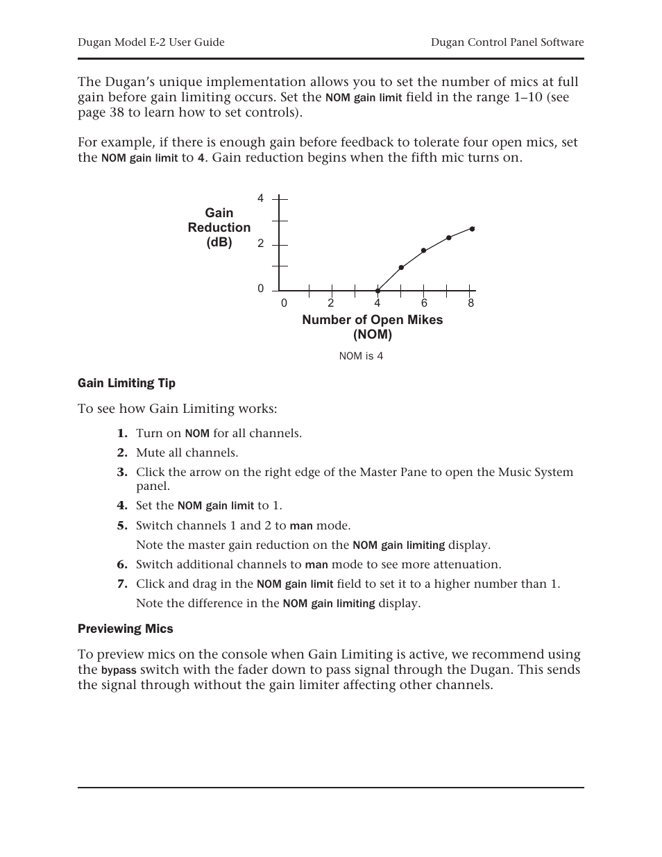 Gain limiting tip, Previewing mics | Dan Dugan Sound Design E-2 User Manual | Page 55 / 68