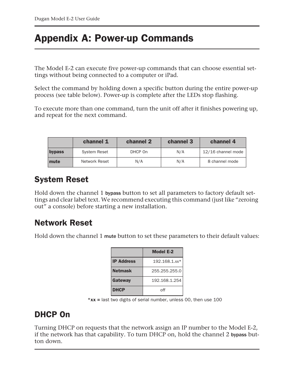 Appendix a: power-up commands, System reset, Network reset | Dhcp on | Dan Dugan Sound Design E-2 User Manual | Page 59 / 68