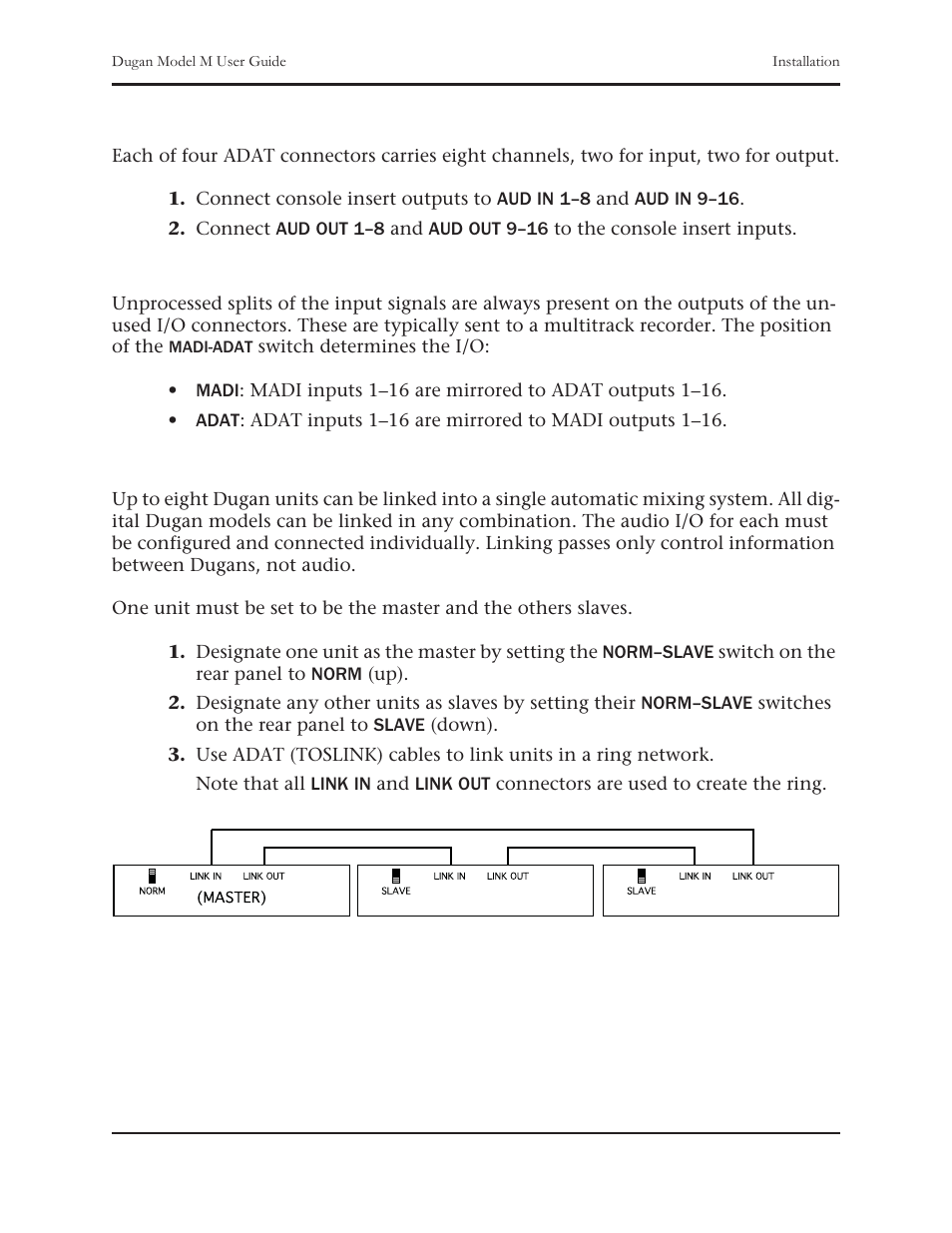 Adat, Unprocessed outputs, Linking | Dan Dugan Sound Design M User Manual | Page 19 / 62