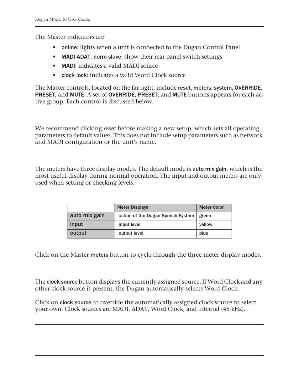 Reset, Meters, Clock source | Dan Dugan Sound Design M User Manual | Page 38 / 62