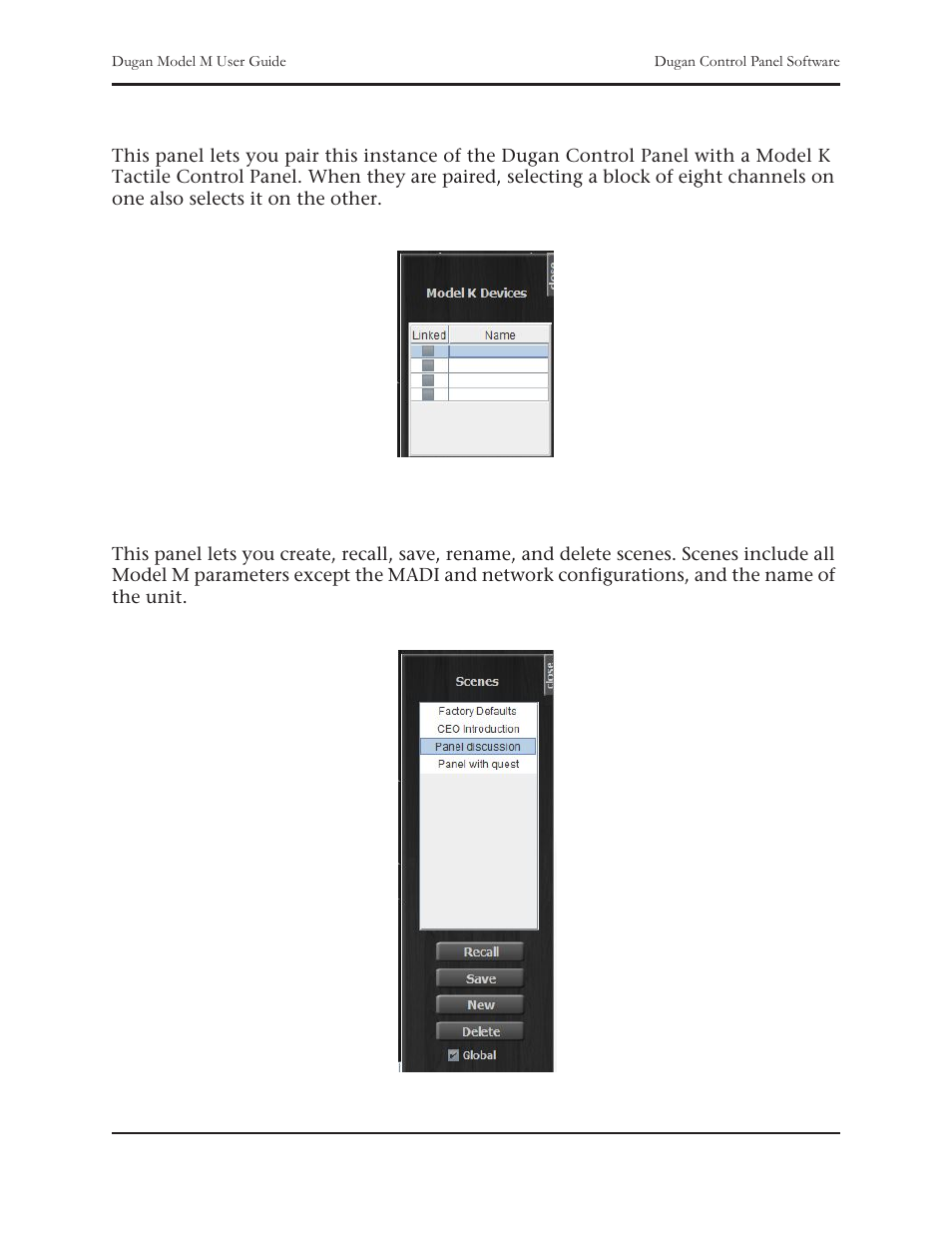 Model k devices panel, Scenes panel | Dan Dugan Sound Design M User Manual | Page 41 / 62