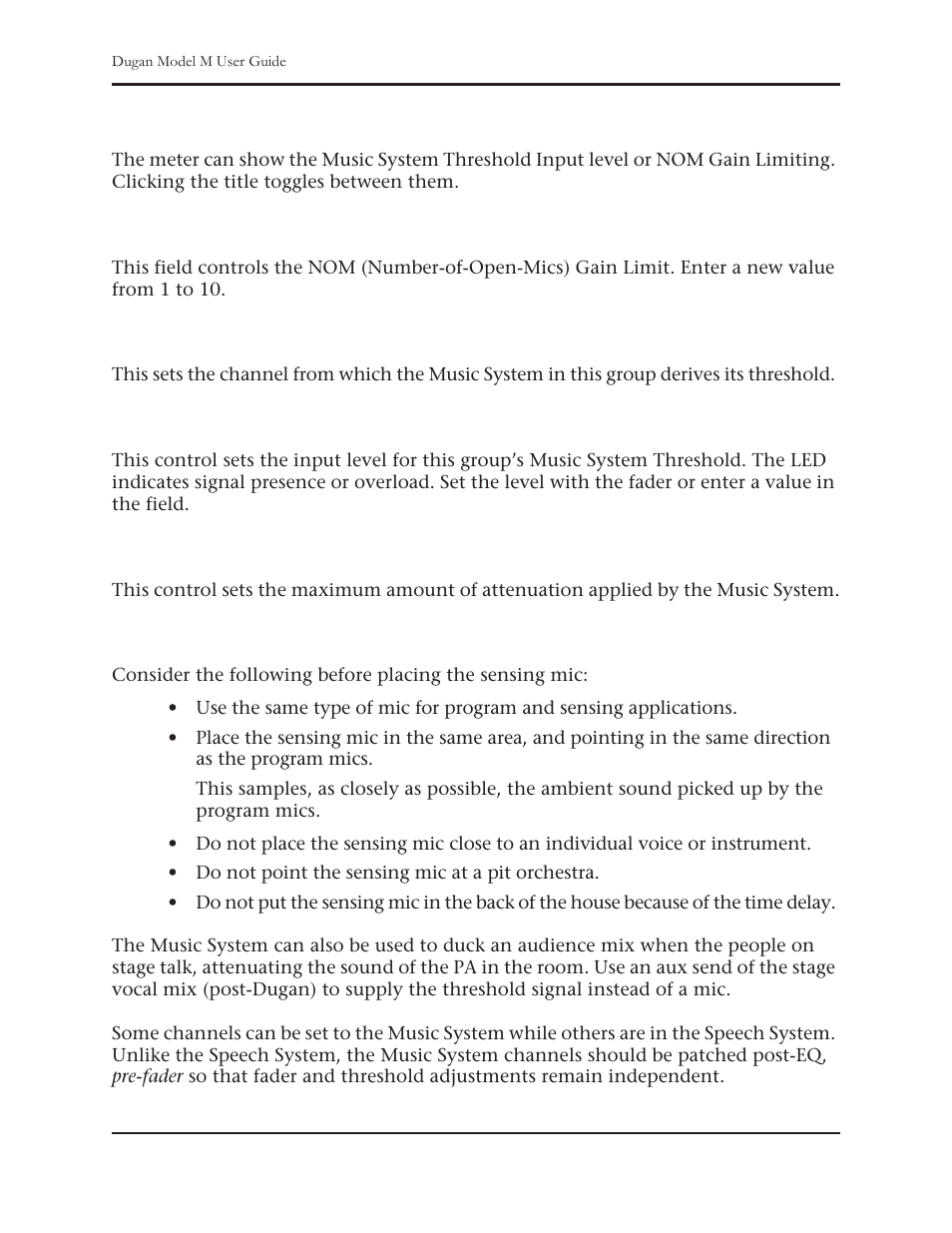 Meter, Nom gain limit, Music system threshold input channel | Music system threshold input level, Auto mix depth, Setting up the music system | Dan Dugan Sound Design M User Manual | Page 46 / 62