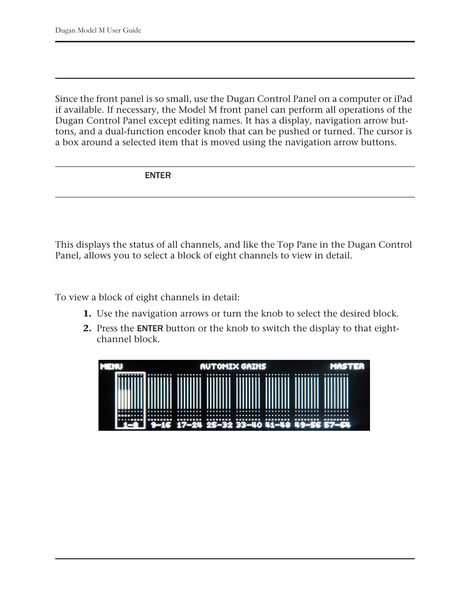 Chapter 8: front panel, All channels screen, Channel block selection | Dan Dugan Sound Design M User Manual | Page 51 / 62