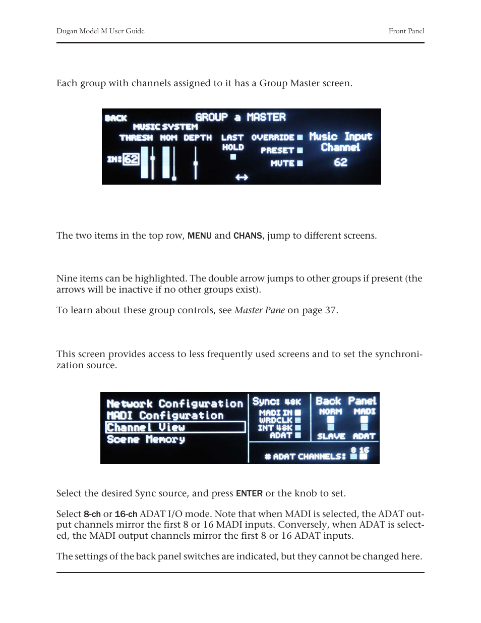 Group master screen, Top row, Group master controls | Menu screen | Dan Dugan Sound Design M User Manual | Page 55 / 62