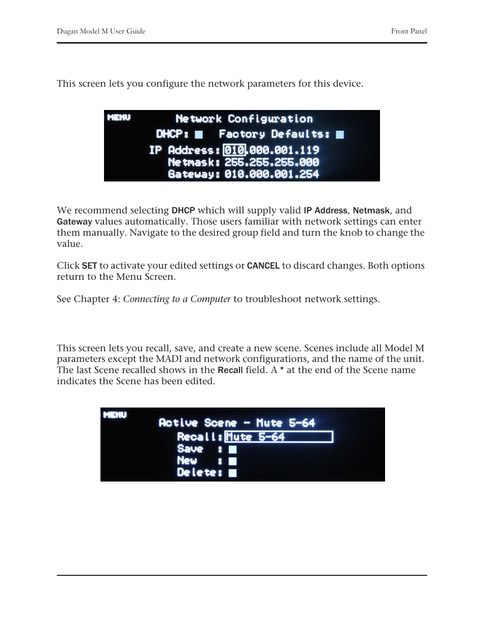 Network configuration screen, Scene memory screen | Dan Dugan Sound Design M User Manual | Page 57 / 62