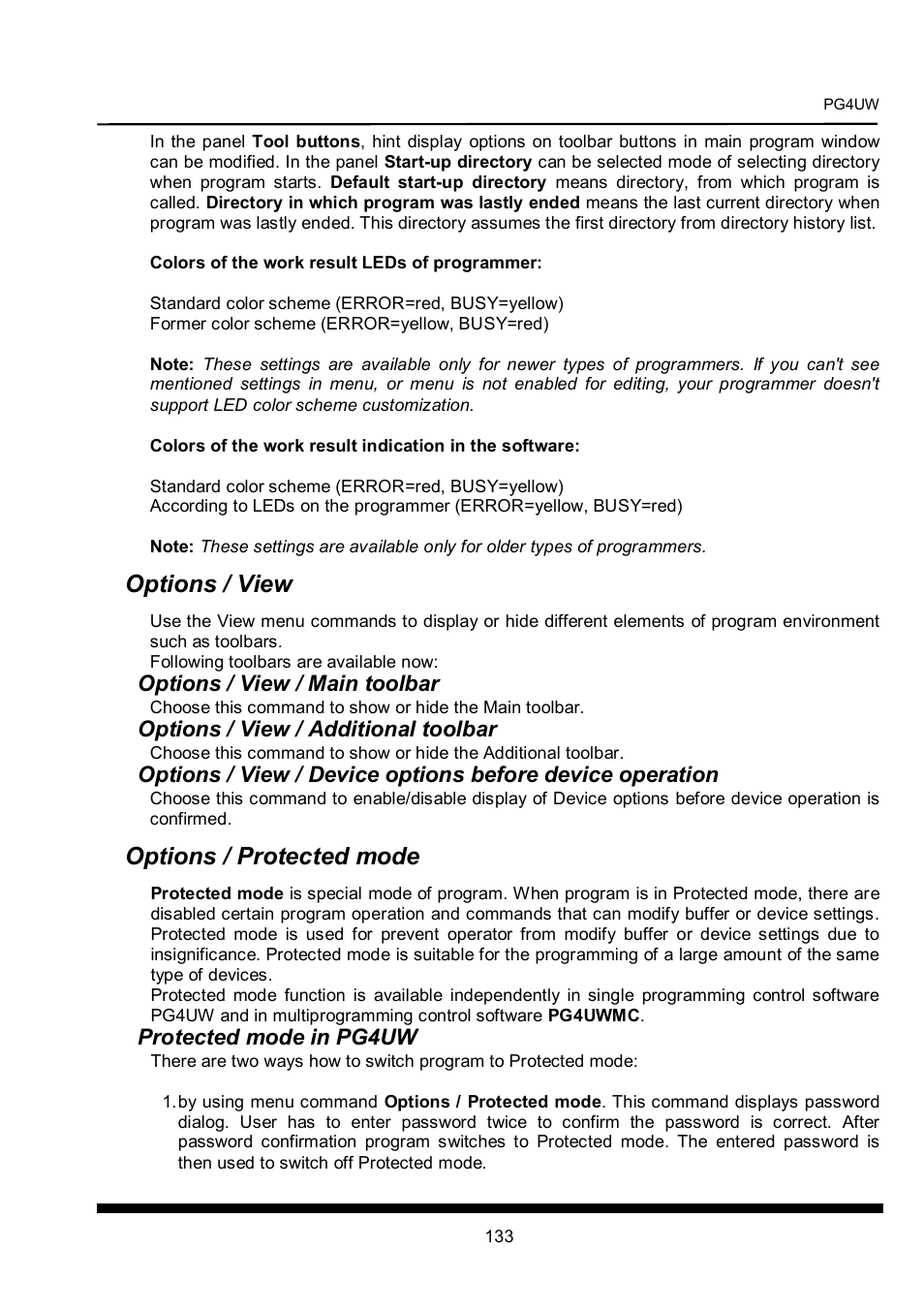 Options / view, Options / protected mode, Options / view / main toolbar | Options / view / additional toolbar, Protected mode in pg4uw | Dataman 40Pro User Manual | Page 133 / 174