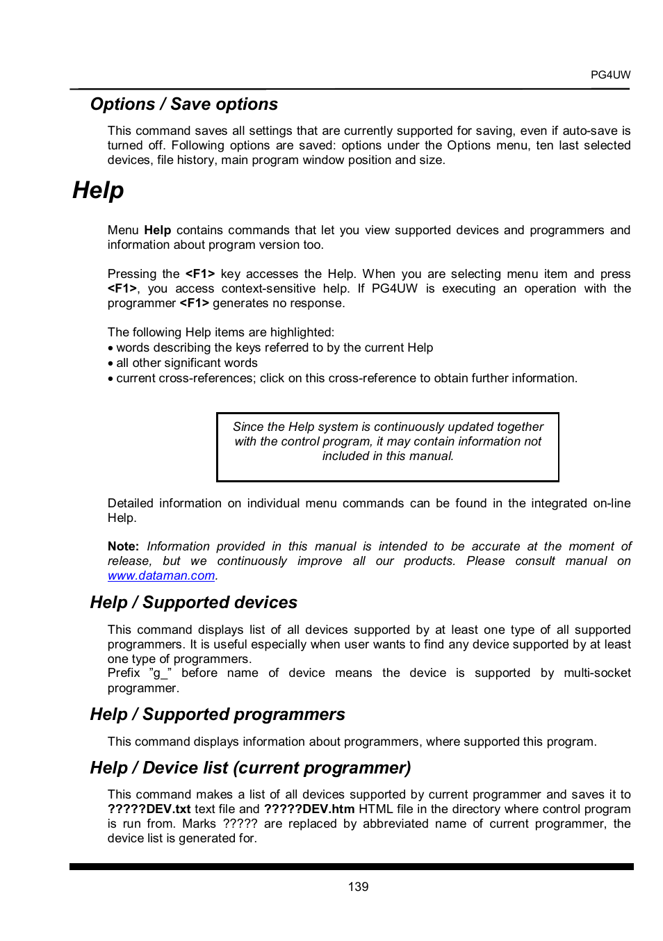 Help, Options / save options, Help / supported devices | Help / supported programmers, Help / device list (current programmer) | Dataman 40Pro User Manual | Page 139 / 174