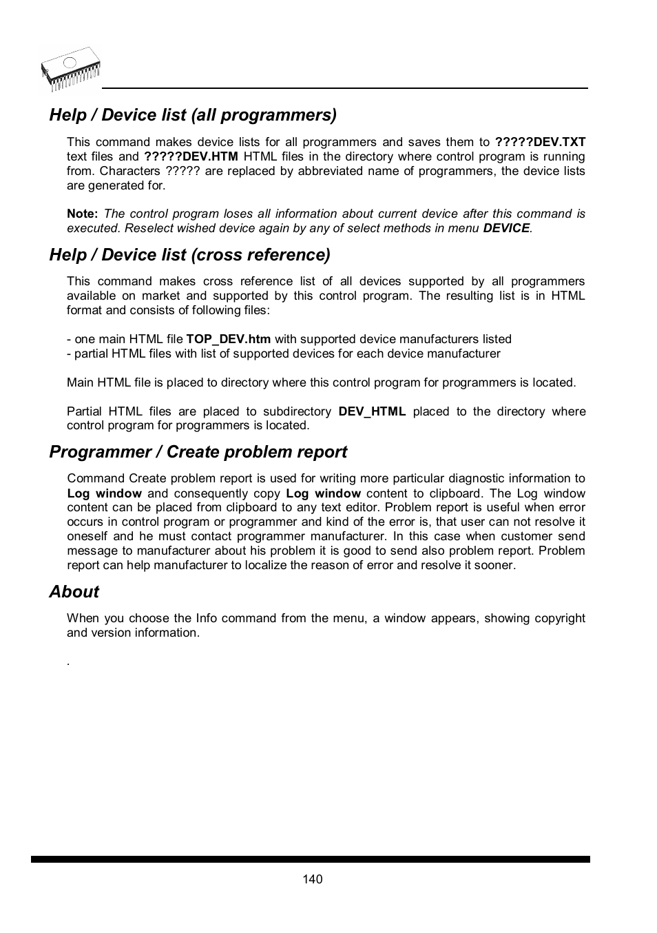 Help / device list (all programmers), Help / device list (cross reference), Programmer / create problem report | About | Dataman 40Pro User Manual | Page 140 / 174