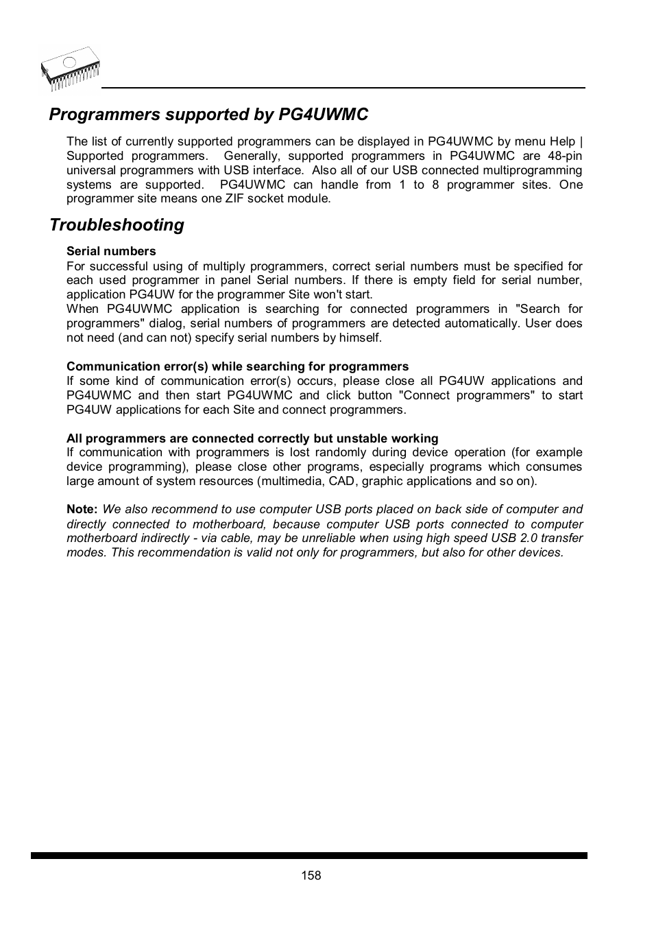 Programmers supported by pg4uwmc, Troubleshooting | Dataman 40Pro User Manual | Page 158 / 174