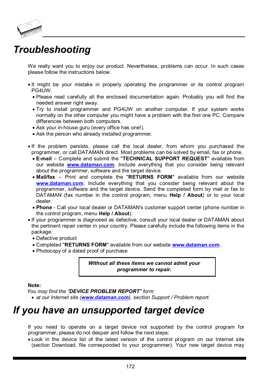 Troubleshooting, If you have an unsupported target device | Dataman 40Pro User Manual | Page 172 / 174