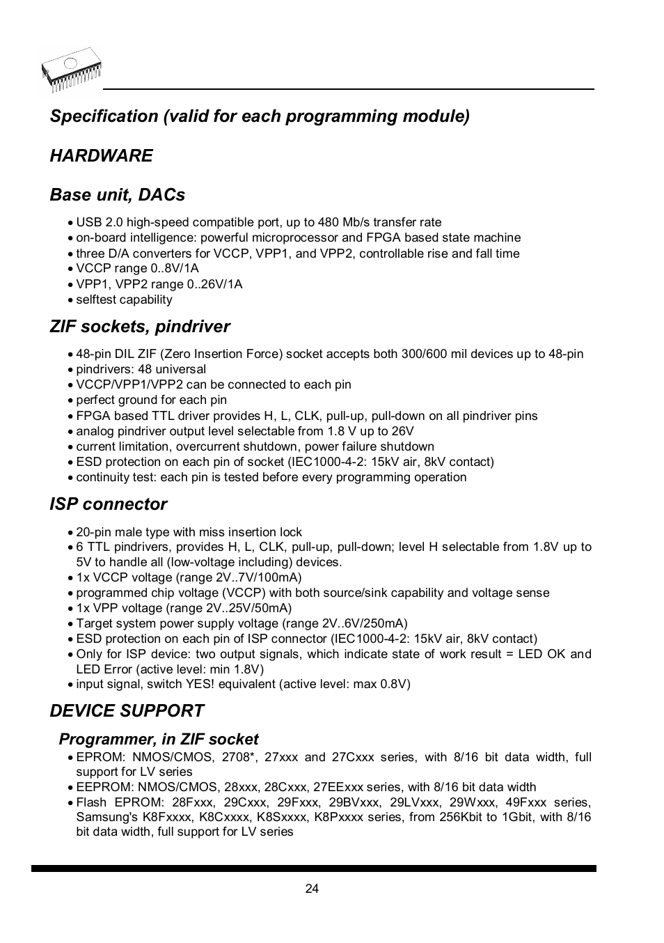 Zif sockets, pindriver, Isp connector, Device support | Dataman 40Pro User Manual | Page 24 / 174