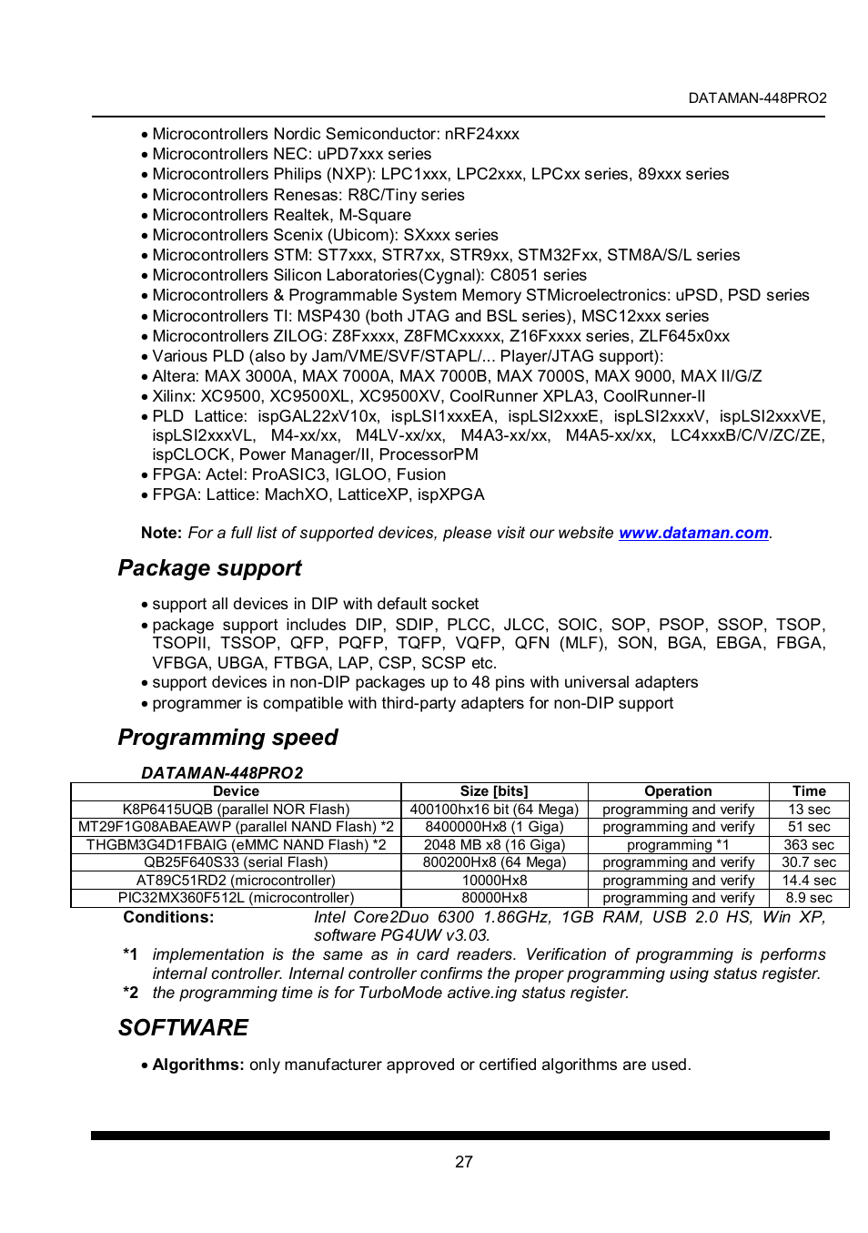 Package support, Programming speed, Software | Dataman 40Pro User Manual | Page 27 / 174