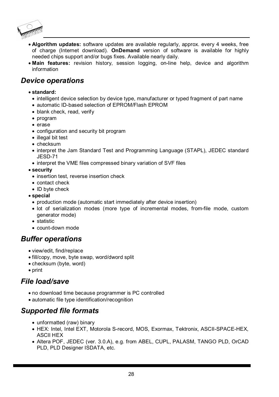 Device operations, Buffer operations, File load/save | Supported file formats | Dataman 40Pro User Manual | Page 28 / 174