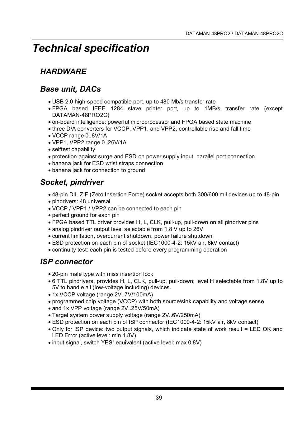 Technical specification, Hardware base unit, dacs, Socket, pindriver | Isp connector | Dataman 40Pro User Manual | Page 39 / 174