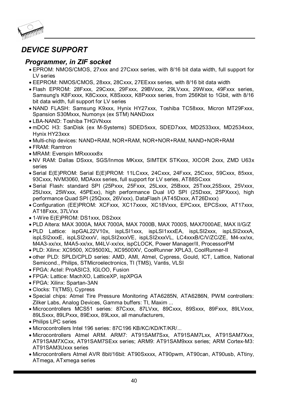 Device support, Programmer, in zif socket | Dataman 40Pro User Manual | Page 40 / 174