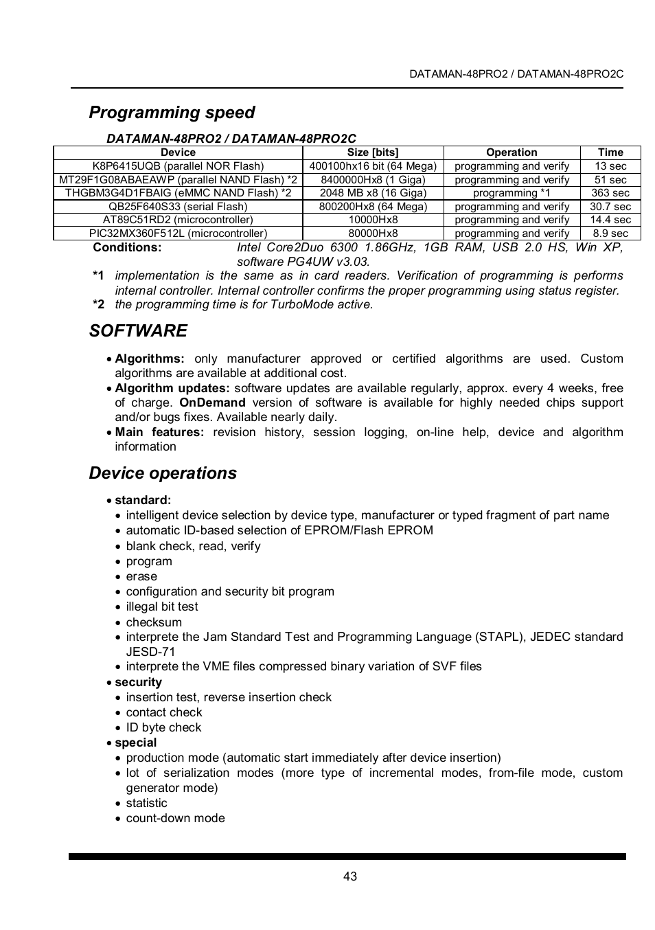 Programming speed, Software, Device operations | Dataman 40Pro User Manual | Page 43 / 174