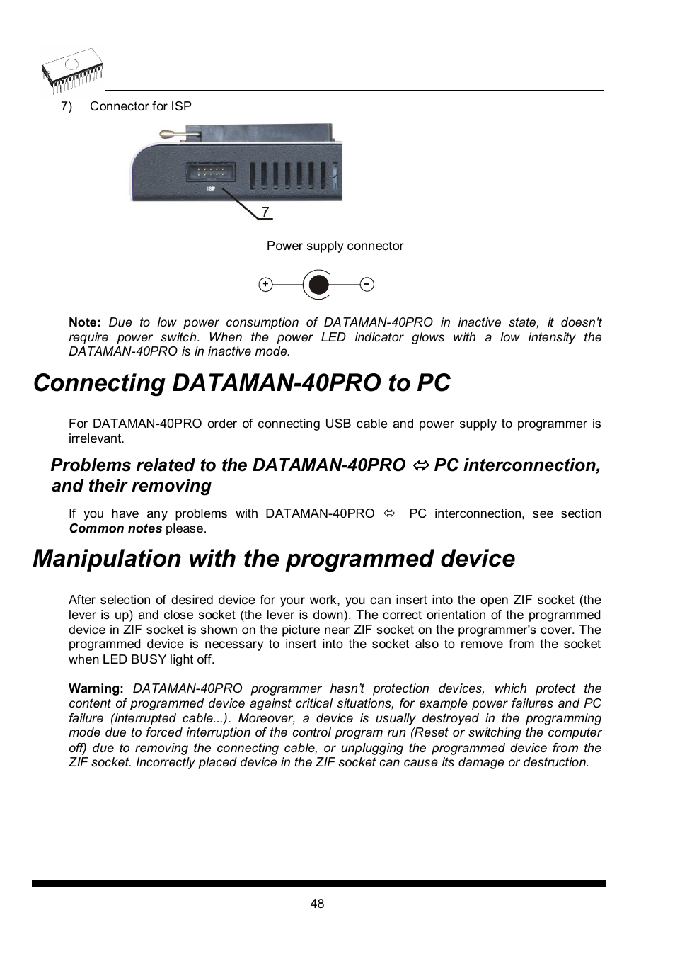 Connecting dataman40pro to pc, Manipulation with the programmed device, Connecting dataman-40pro to pc | Dataman 40Pro User Manual | Page 48 / 174