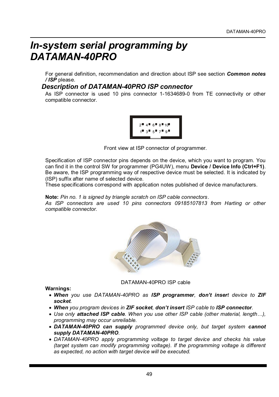 In-system serial programming by dataman40pro, In-system serial programming by dataman-40pro, Description of dataman-40pro isp connector | Dataman 40Pro User Manual | Page 49 / 174
