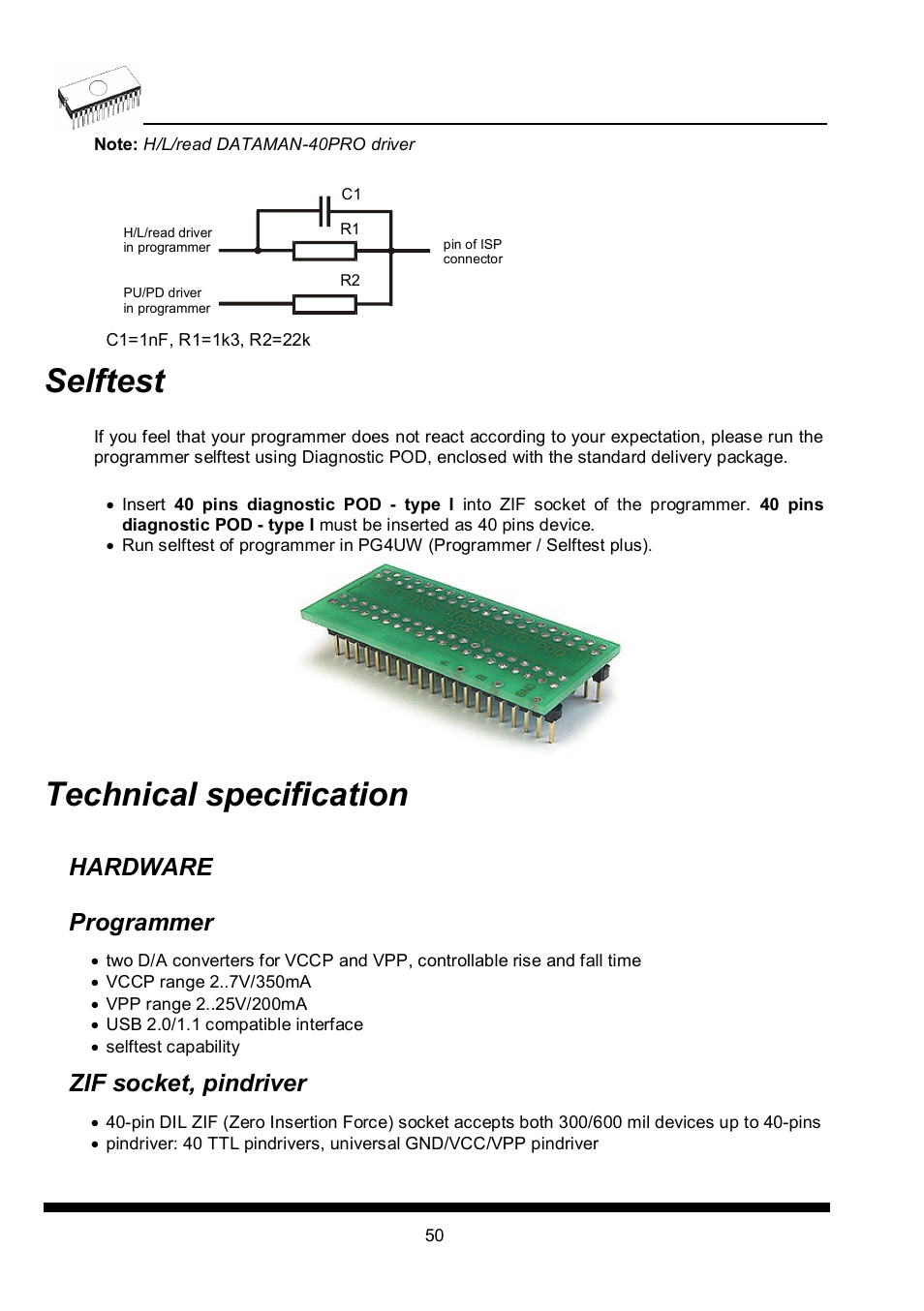 Selftest, Technical specification, Hardware programmer | Zif socket, pindriver | Dataman 40Pro User Manual | Page 50 / 174