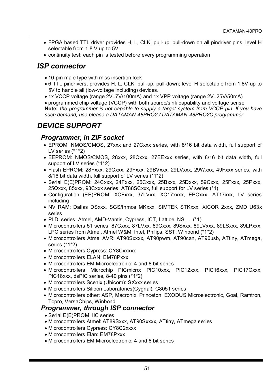 Isp connector, Device support, Programmer, in zif socket | Programmer, through isp connector | Dataman 40Pro User Manual | Page 51 / 174