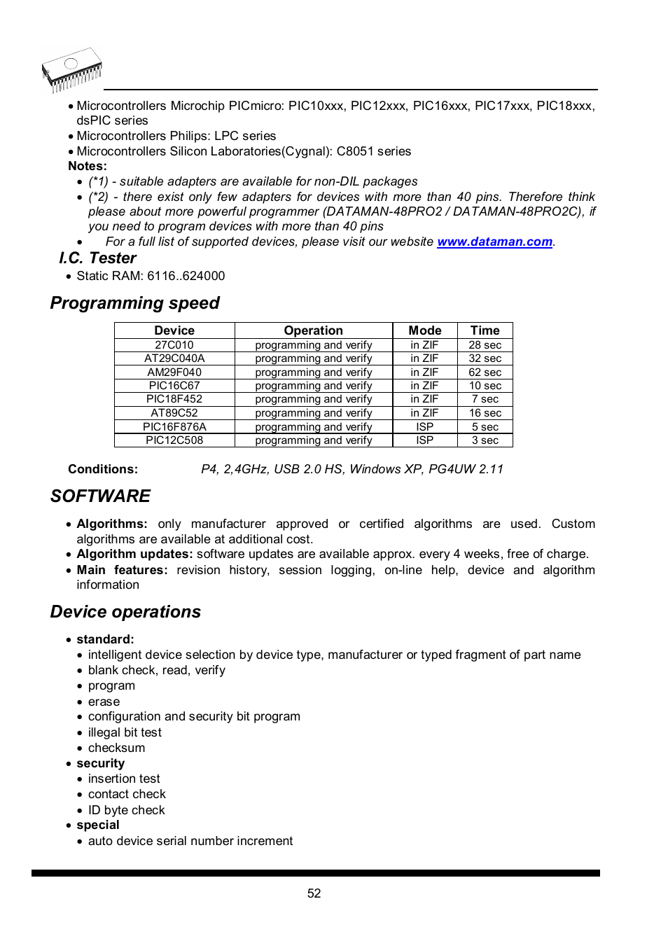 Programming speed, Software, Device operations | I.c. tester | Dataman 40Pro User Manual | Page 52 / 174
