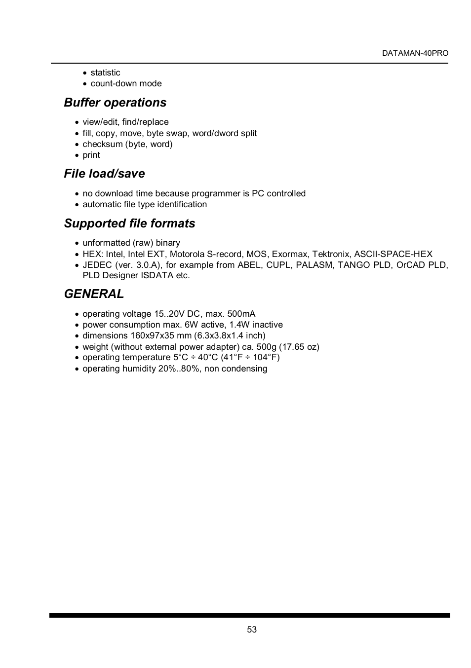 Buffer operations, File load/save, Supported file formats | General | Dataman 40Pro User Manual | Page 53 / 174