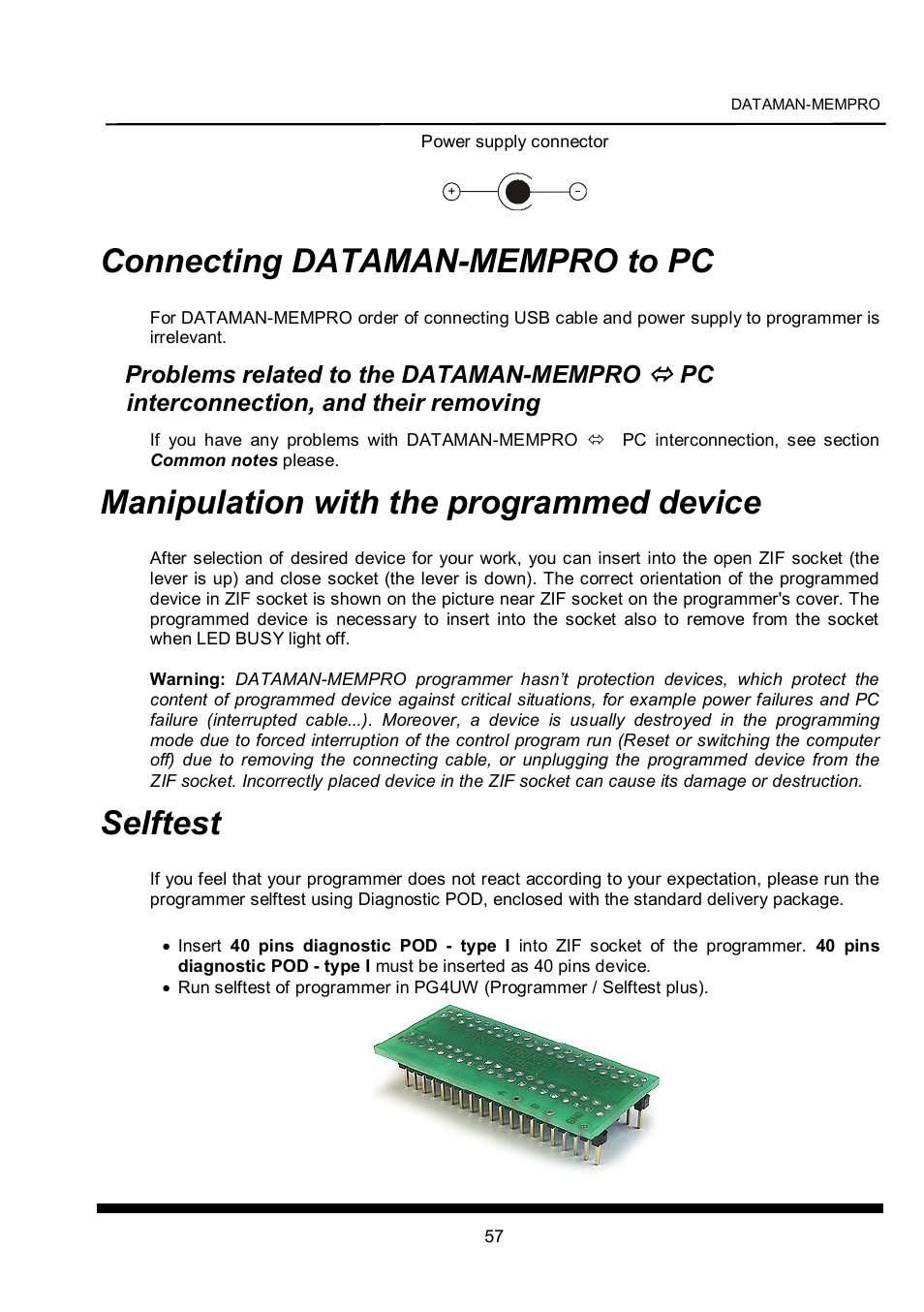 Connecting datamanmempro to pc, Manipulation with the programmed device, Selftest | Connecting dataman-mempro to pc | Dataman 40Pro User Manual | Page 57 / 174