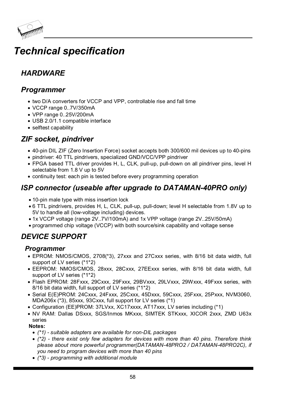 Technical specification, Hardware programmer, Zif socket, pindriver | Device support | Dataman 40Pro User Manual | Page 58 / 174