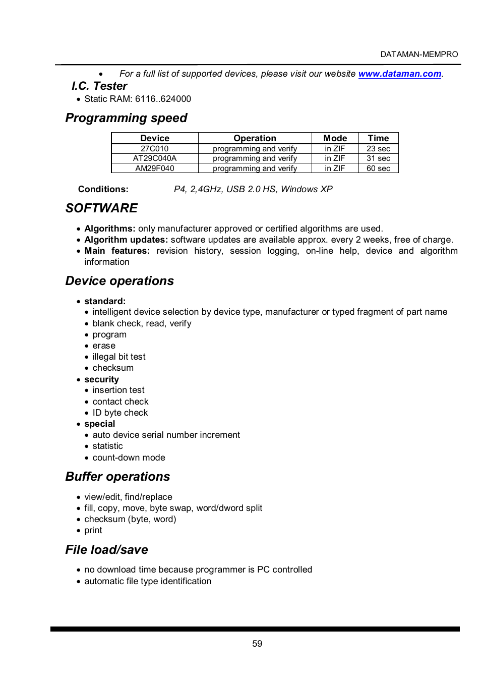 Programming speed, Software, Device operations | Buffer operations, File load/save, I.c. tester | Dataman 40Pro User Manual | Page 59 / 174
