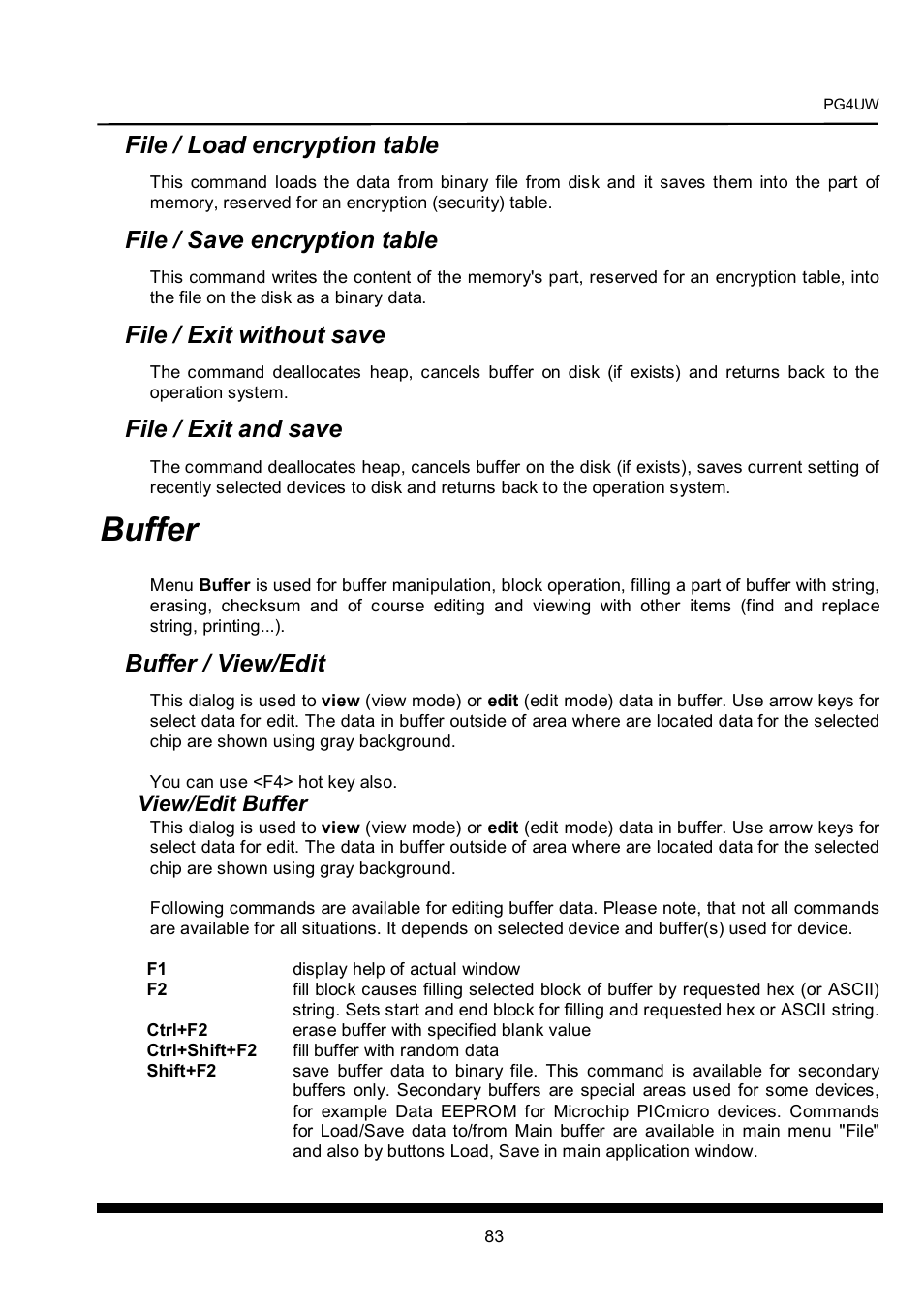Buffer, File / load encryption table, File / save encryption table | File / exit without save, File / exit and save, Buffer / view/edit | Dataman 40Pro User Manual | Page 83 / 174