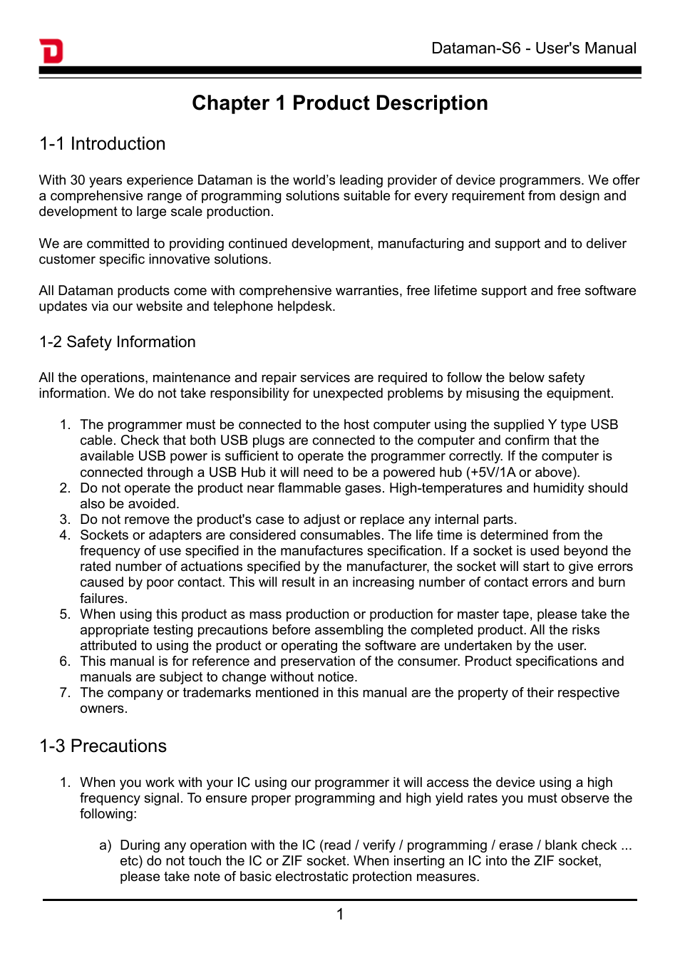 Chapter 1 product description, 1 introduction, 3 precautions | Dataman S6 User Manual | Page 4 / 35