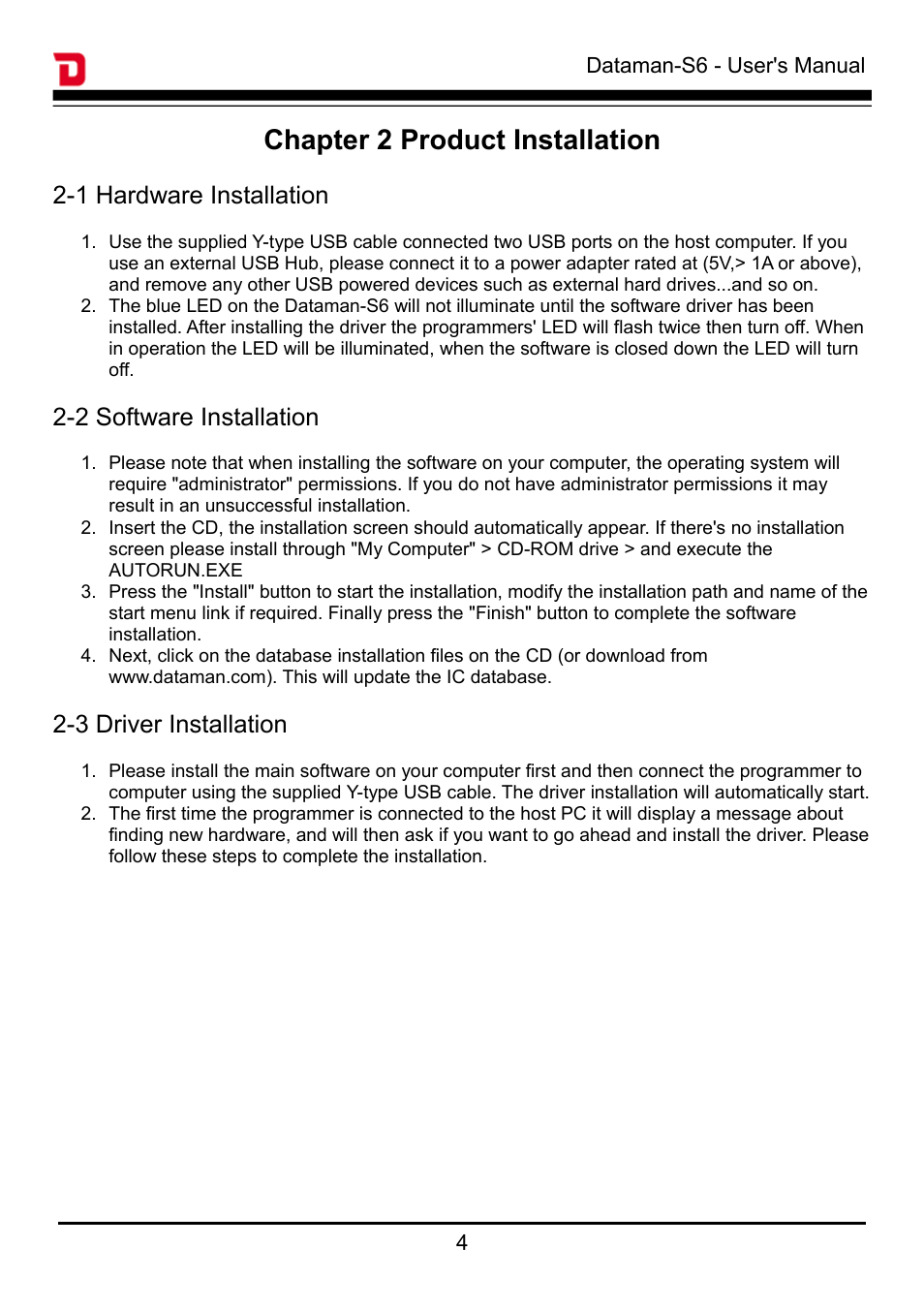 Chapter 2 product installation, 1 hardware installation, 2 software installation | 3 driver installation | Dataman S6 User Manual | Page 7 / 35